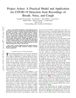 Project Achoo: A Practical Model and Application for COVID-19 Detection
  from Recordings of Breath, Voice, and Cough