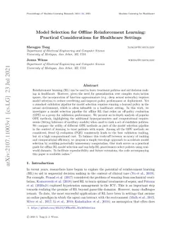 Model Selection for Offline Reinforcement Learning: Practical
  Considerations for Healthcare Settings