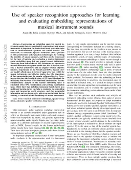 Use of speaker recognition approaches for learning and evaluating
  embedding representations of musical instrument sounds