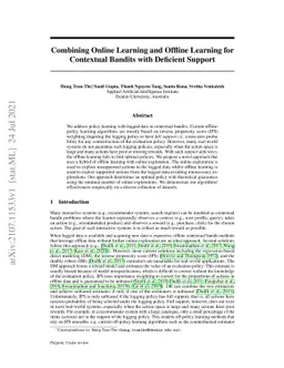 Combining Online Learning and Offline Learning for Contextual Bandits
  with Deficient Support