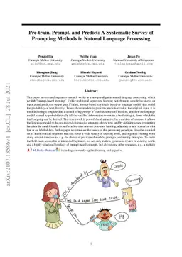 Pre-train, Prompt, and Predict: A Systematic Survey of Prompting Methods
  in Natural Language Processing