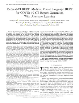 Medical-VLBERT: Medical Visual Language BERT for COVID-19 CT Report
  Generation With Alternate Learning