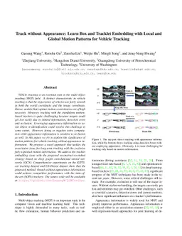 Track without Appearance: Learn Box and Tracklet Embedding with Local
  and Global Motion Patterns for Vehicle Tracking