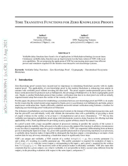 Time Transitive Functions for Zero Knowledge Proofs