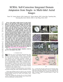 SCIDA: Self-Correction Integrated Domain Adaptation from Single- to
  Multi-label Aerial Images