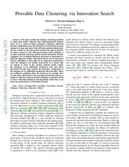 Provable Data Clustering via Innovation Search