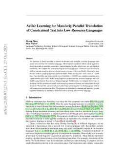 Active Learning for Massively Parallel Translation of Constrained Text
  into Low Resource Languages