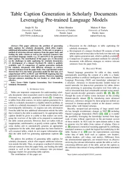 Table Caption Generation in Scholarly Documents Leveraging Pre-trained
  Language Models