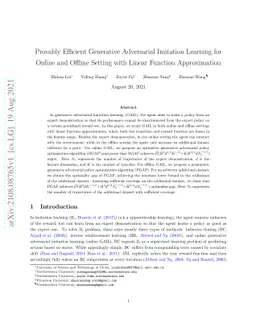 Provably Efficient Generative Adversarial Imitation Learning for Online
  and Offline Setting with Linear Function Approximation