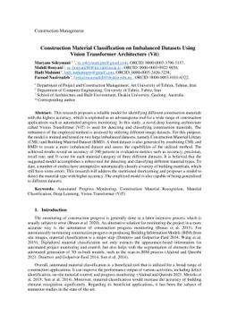 Construction material classification on imbalanced datasets using Vision
  Transformer (ViT) architecture