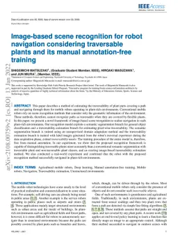 Image-based scene recognition for robot navigation considering
  traversable plants and its manual annotation-free training