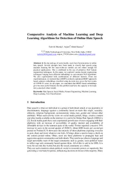 Comparative Analysis of Machine Learning and Deep Learning Algorithms
  for Detection of Online Hate Speech