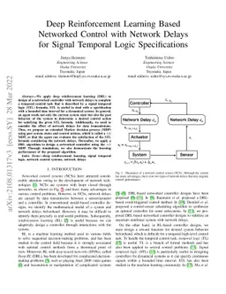 Deep Reinforcement Learning Based Networked Control with Network Delays
  for Signal Temporal Logic Specifications