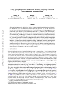Using Query Expansion in Manifold Ranking for Query-Oriented
  Multi-Document Summarization