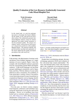 Quality Evaluation of the Low-Resource Synthetically Generated
  Code-Mixed Hinglish Text