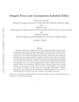 Staged trees and asymmetry-labeled DAGs
