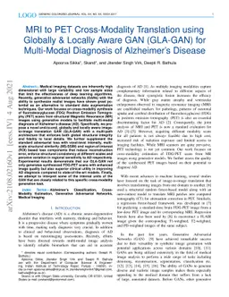 MRI to PET Cross-Modality Translation using Globally and Locally Aware
  GAN (GLA-GAN) for Multi-Modal Diagnosis of Alzheimer's Disease