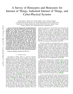 A Survey of Honeypots and Honeynets for Internet of Things, Industrial
  Internet of Things, and Cyber-Physical Systems