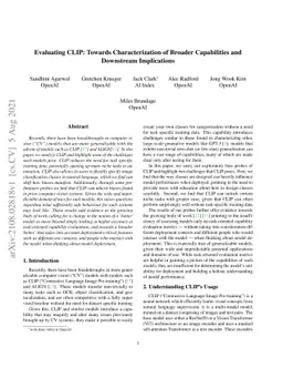 Evaluating CLIP: Towards Characterization of Broader Capabilities and
  Downstream Implications