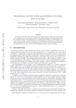 Interpolation can hurt robust generalization even when there is no noise