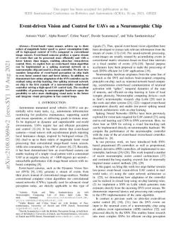 Event-driven Vision and Control for UAVs on a Neuromorphic Chip