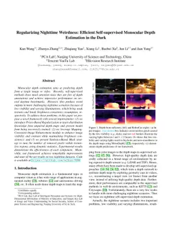 Regularizing Nighttime Weirdness: Efficient Self-supervised Monocular
  Depth Estimation in the Dark