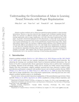 Understanding the Generalization of Adam in Learning Neural Networks
  with Proper Regularization