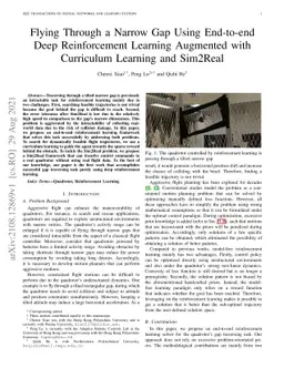 Flying Through a Narrow Gap Using End-to-end Deep Reinforcement Learning
  Augmented with Curriculum Learning and Sim2Real