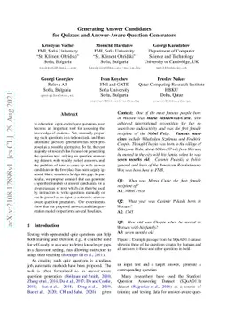 Generating Answer Candidates for Quizzes and Answer-Aware Question
  Generators