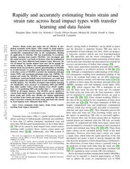 Rapidly and accurately estimating brain strain and strain rate across
  head impact types with transfer learning and data fusion