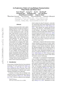 An Exploratory Study on Long Dialogue Summarization: What Works and
  What's Next