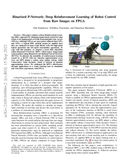 Binarized P-Network: Deep Reinforcement Learning of Robot Control from
  Raw Images on FPGA