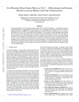 Can Machines Read Coding Manuals Yet? -- A Benchmark for Building Better
  Language Models for Code Understanding