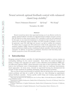 Neural network optimal feedback control with enhanced closed loop
  stability
