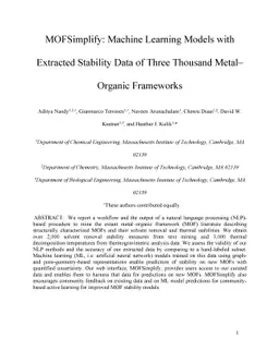 MOFSimplify: Machine Learning Models with Extracted Stability Data of
  Three Thousand Metal-Organic Frameworks