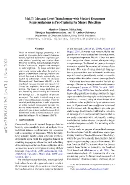 MeLT: Message-Level Transformer with Masked Document Representations as
  Pre-Training for Stance Detection