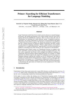 Primer: Searching for Efficient Transformers for Language Modeling