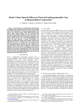 Robot's Inner Speech Effects on Trust and Anthropomorphic Cues in
  Human-Robot Cooperation