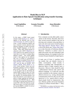 Model Bias in NLP -- Application to Hate Speech Classification using
  transfer learning techniques