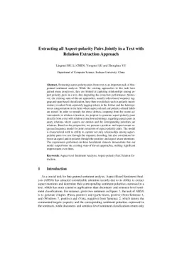 Extracting all Aspect-polarity Pairs Jointly in a Text with Relation
  Extraction Approach