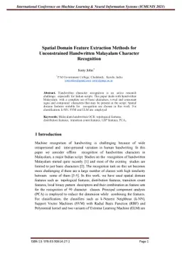 Spatial Domain Feature Extraction Methods for Unconstrained Handwritten
  Malayalam Character Recognition