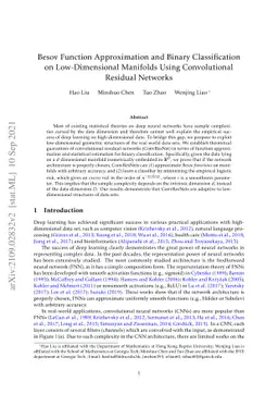 Besov Function Approximation and Binary Classification on
  Low-Dimensional Manifolds Using Convolutional Residual Networks