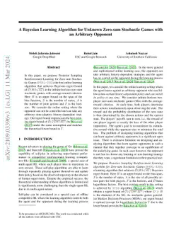 A Bayesian Learning Algorithm for Unknown Zero-sum Stochastic Games with
  an Arbitrary Opponent