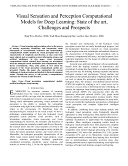Visual Sensation and Perception Computational Models for Deep Learning:
  State of the art, Challenges and Prospects