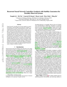 Recurrent Neural Network Controllers Synthesis with Stability Guarantees
  for Partially Observed Systems