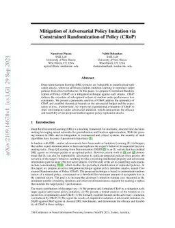 Mitigation of Adversarial Policy Imitation via Constrained Randomization
  of Policy (CRoP)