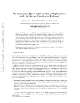 On Riemannian Approach for Constrained Optimization Model in Extreme
  Classification Problems
