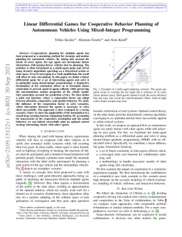Linear Differential Games for Cooperative Behavior Planning of
  Autonomous Vehicles Using Mixed-Integer Programming