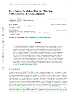 Deep Policies for Online Bipartite Matching: A Reinforcement Learning
  Approach