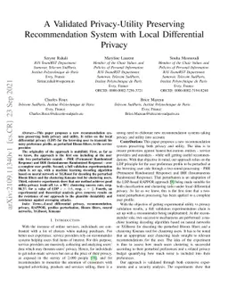 A Validated Privacy-Utility Preserving Recommendation System with Local
  Differential Privacy